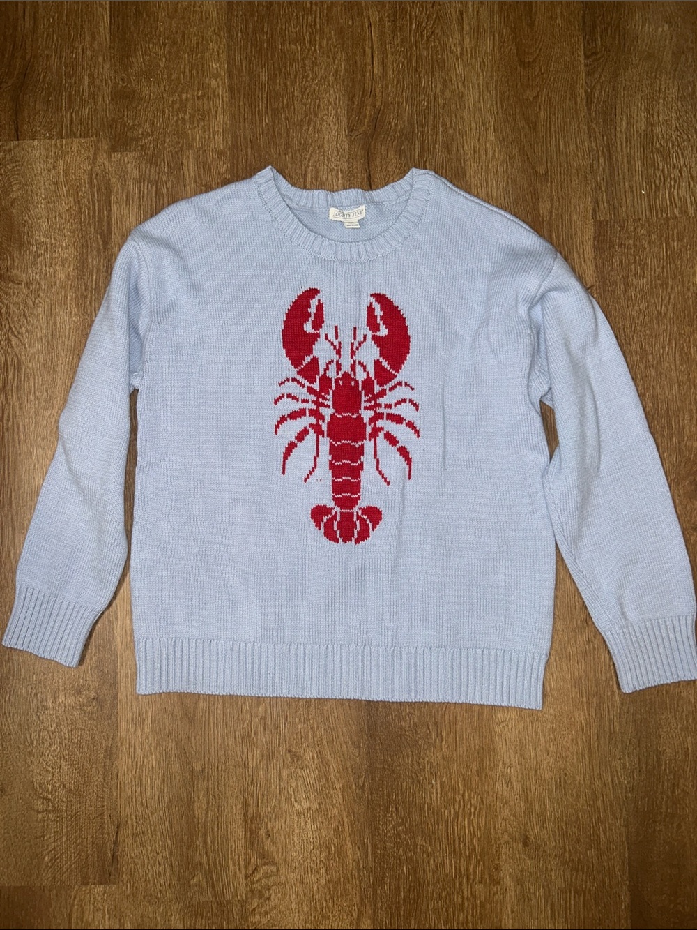Mighty Fine Powder Blue Crewneck Sweater with Red Lobster Motif